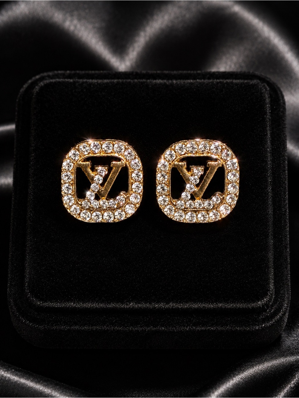 Gold Crystal Rhinestone LV Monogram Square Stud Earrings
